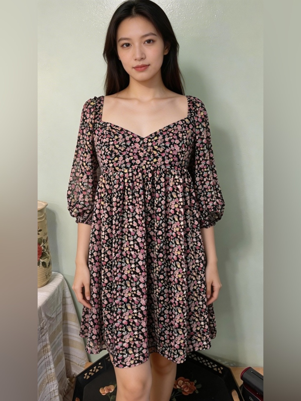 Wayf Black Mini Dress with Pink & Cream Floral Print size Small